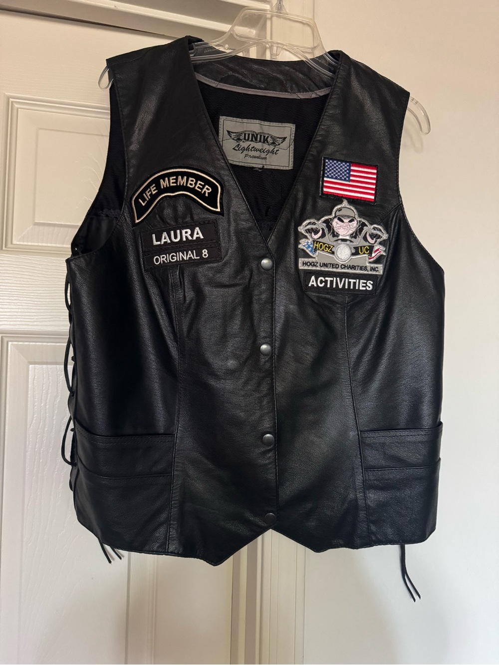 Unik brand black leather motorcycle vest with various patches women’s